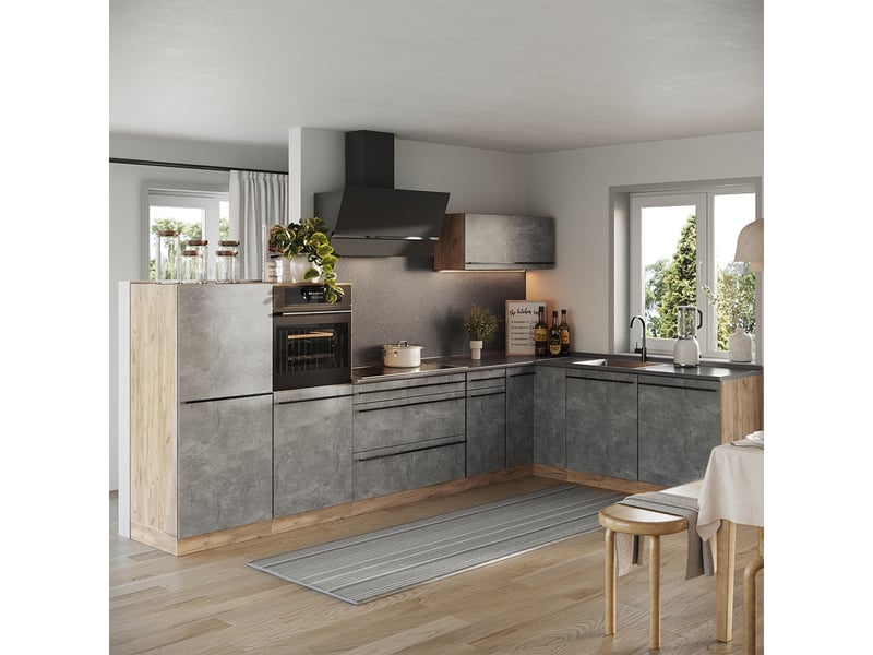 Vicco cuisine en angle, bétonchêne doré, 347 x cm plan de travail anthracite - Conforama C