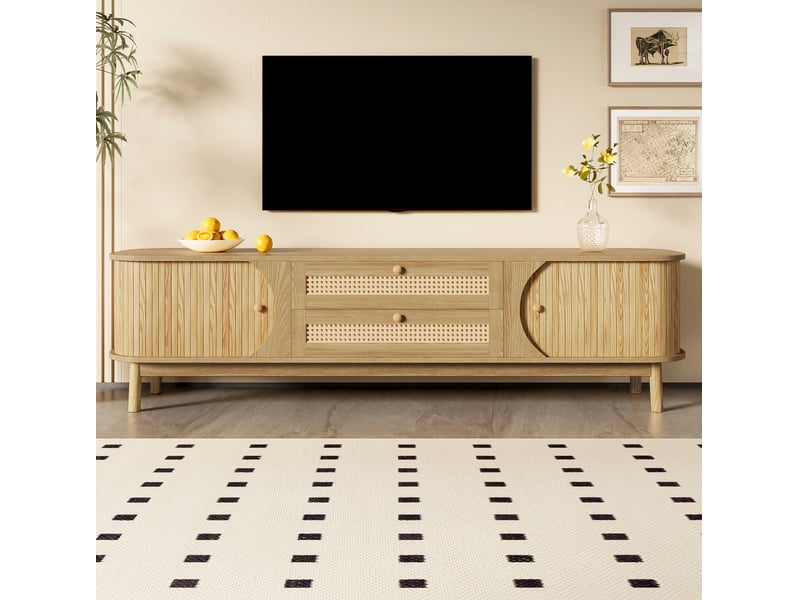  Meuble tv bas 170 x 46 x 39,5 cm portes et tiroirs rotin tressé lamelles bois structure mdf finition bois naturel  - Conforama B