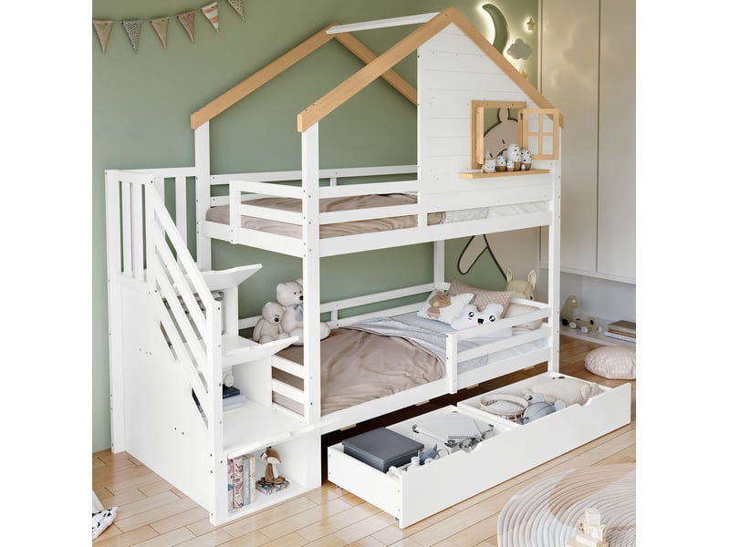 Lit superposé enfant 90 x 200 cm avec escalier de rangement blanc et naturel - Conforama B