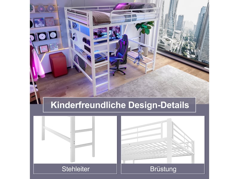  Lit mezzanine 140x200 cm blanc, avec bureau, rangements, panneau perforé, échelle, led, usb-c, structure métal, sommier inclus, sans matelas  - Conforama D
