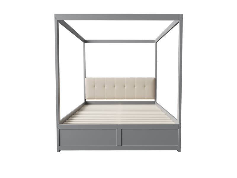 Lit cabane 140x200 gris, lit en bois avec grands tiroirs et dossier rembourré, structure robuste pour chambre d'enfant ou d'adolescent. - Conforama A