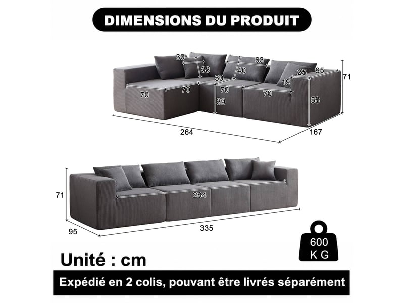  Canapé d’angle, modulaire en velours côtelé, mousse compressée, 4 pièces, salonchambre, 71x264x167 cm, gris  - Conforama C