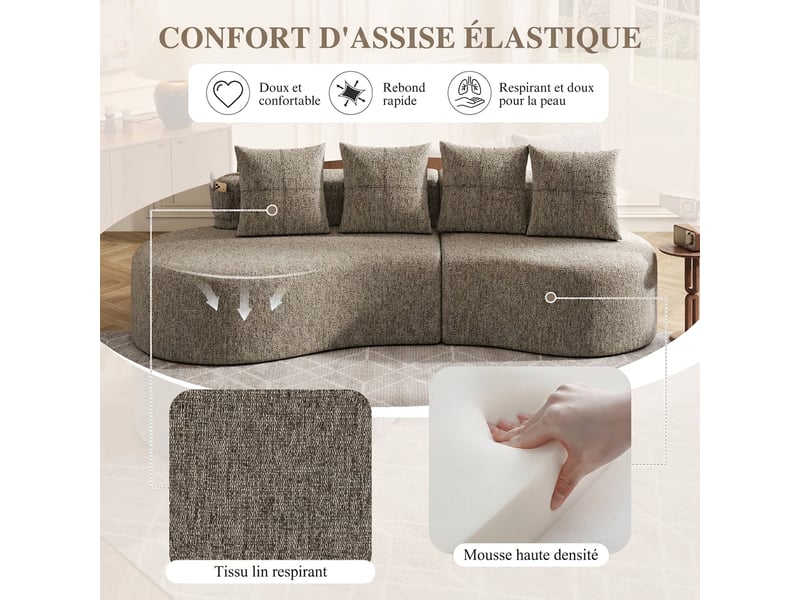 Canapé en lin 4 places kaki avec porte-gobelet et poches de rangement - mousse haute densité - Conforama E