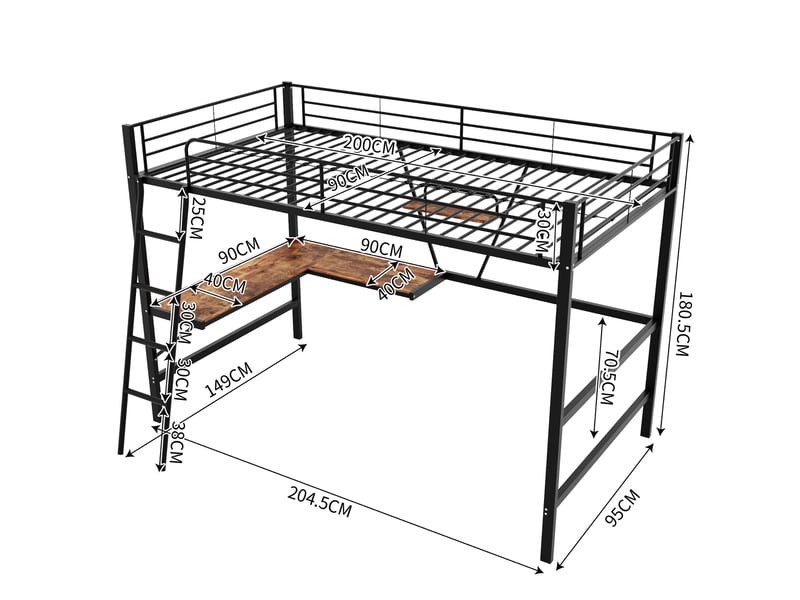 Lit mezzanine 90x200 cm avec bureau en l et étagère, structure métal, lit enfant et ado, noir - Conforama C