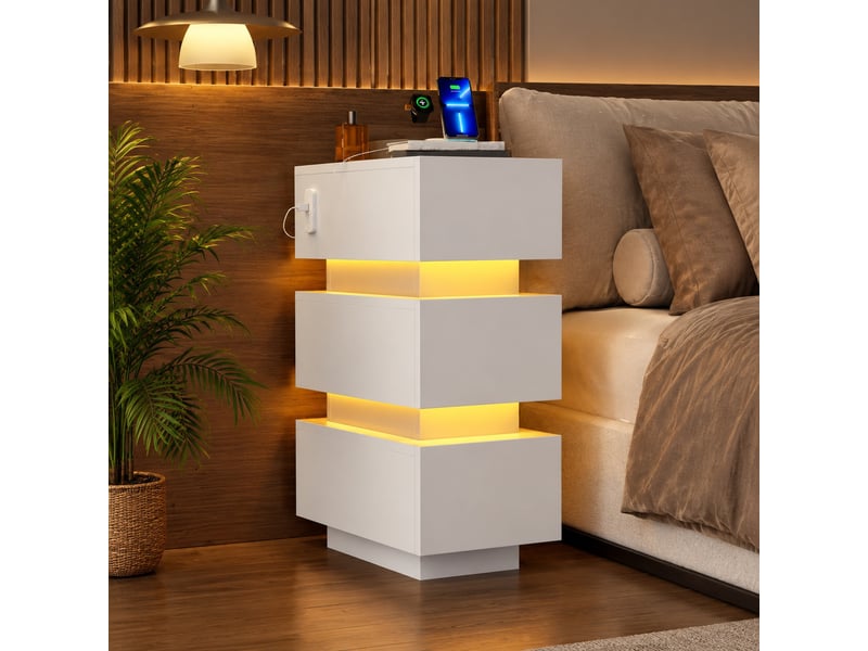  Lot de 2 tables de chevet étroites 20 x 40 x 59,5 cm, led, usb et type-c, blanches  - Conforama B