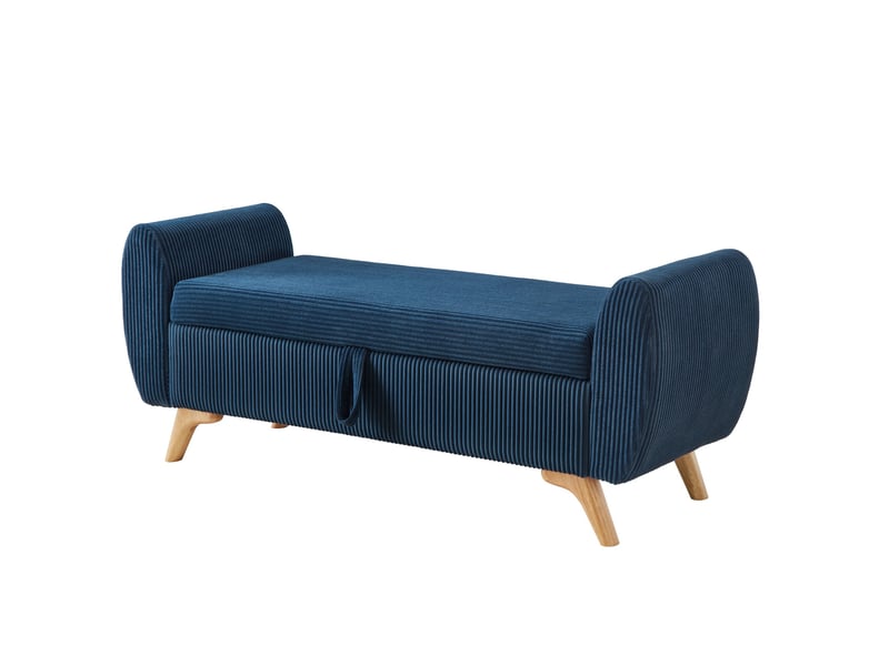  Banquette de rangement 145 x 51 x 57 cm bleu en velours côtelé, coffre à couvercle et pieds en bois  - Conforama D