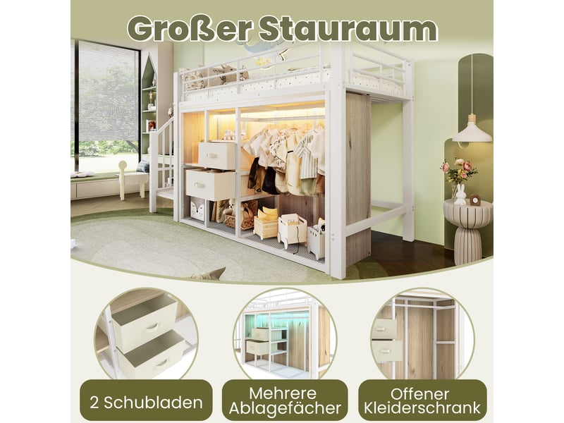 Lit mi-hauteur blanc 90x200 cm en métal, 2 tiroirs, penderie ouverte, led multicolores et compartiments, sans matelas  - Conforama D