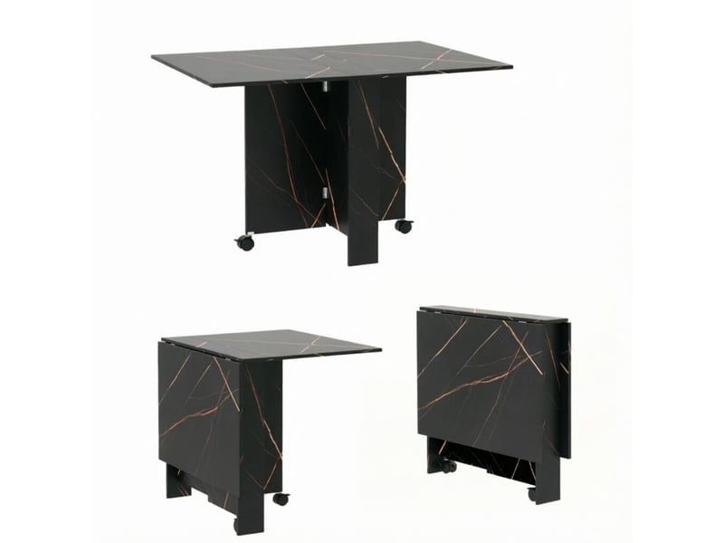  Table de salle à manger pliante à plateaux rabattables avec roulettes verrouillables, noire marbrée, 120 × 80 × 73 cm  - Conforama A