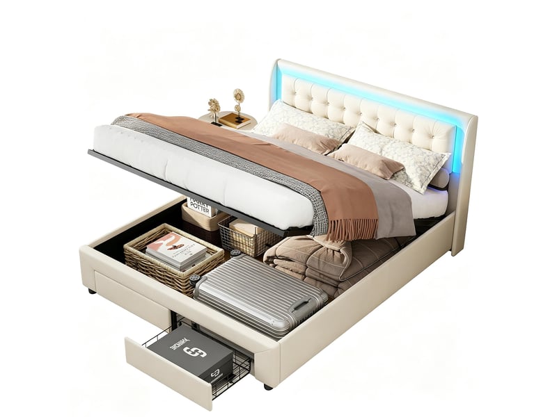  Lit coffre 140x190 cm en velours beige avec led rgb et rangement hydraulique - 2 tiroirs, sommier à lattes inclus, structure renforcée 300 kg  - Conforama A