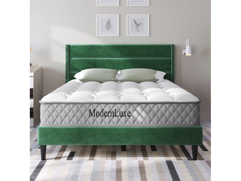  Modenvie lit double rembourré 140x200 cm - velours, tête de lit capitonnée, sommier et matelas inclus - vert  - Conforama E