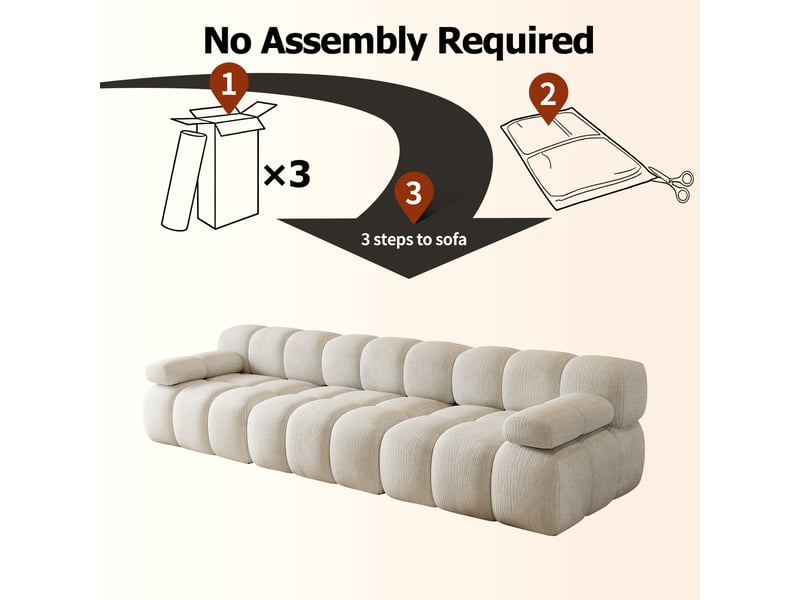  Canapé compressé 3 places 300x100x68 cm sans structure, sans montage, mousse haute résilience, assise profonde, tissu chenille blanc  - Conforama E