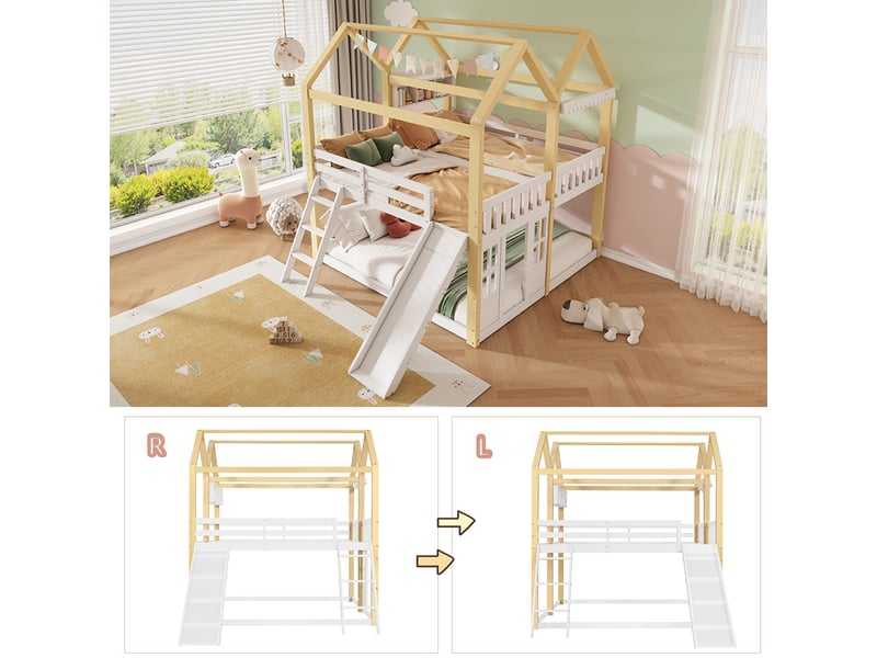 Lit mezzanine enfant 2 places 90x200 cm lit cabane lit double en bois avec échelle toboggan interchangeable, blanc et naturel - Conforama R