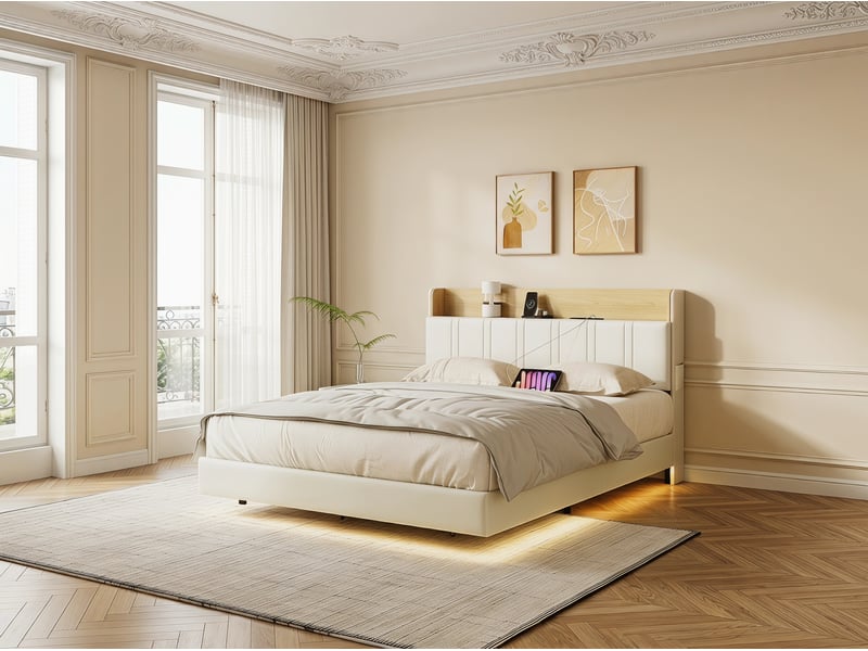  Lit 2 places 160x200 cm effet flottant avec led – cuir pu, tête de lit avec rangement et sommier à lattes  - Conforama D
