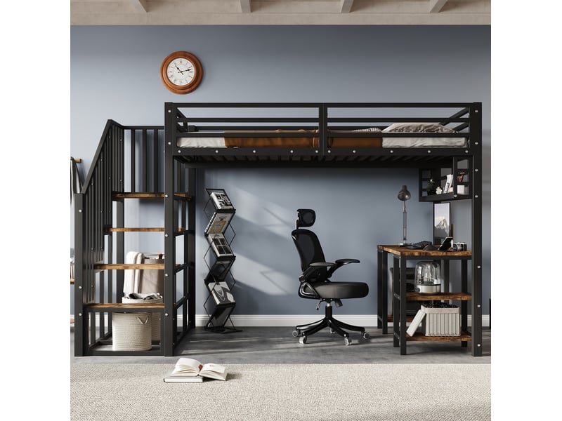  Lit mezzanine en métal 120x200 cm avec bureau, étagères et escalier, noir  - Conforama E