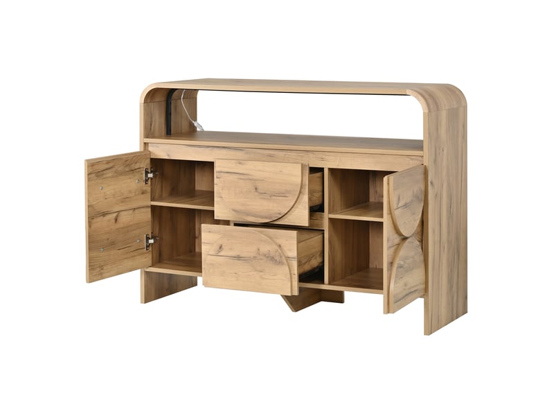  Buffet bas 120x40x86 cm, 2 portes, 2 tiroirs, niche ouverte, éclairage multicolore, usb-a, mdf, brun naturel  - Conforama A