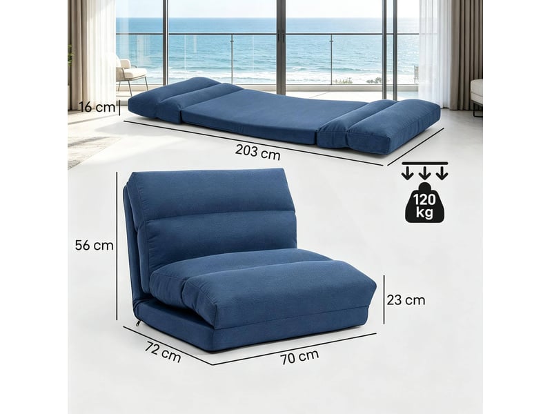  Fauteuil de sol relax convertible bleu foncé, dossier réglable 5 positions, couchage 203 cm  - Conforama C