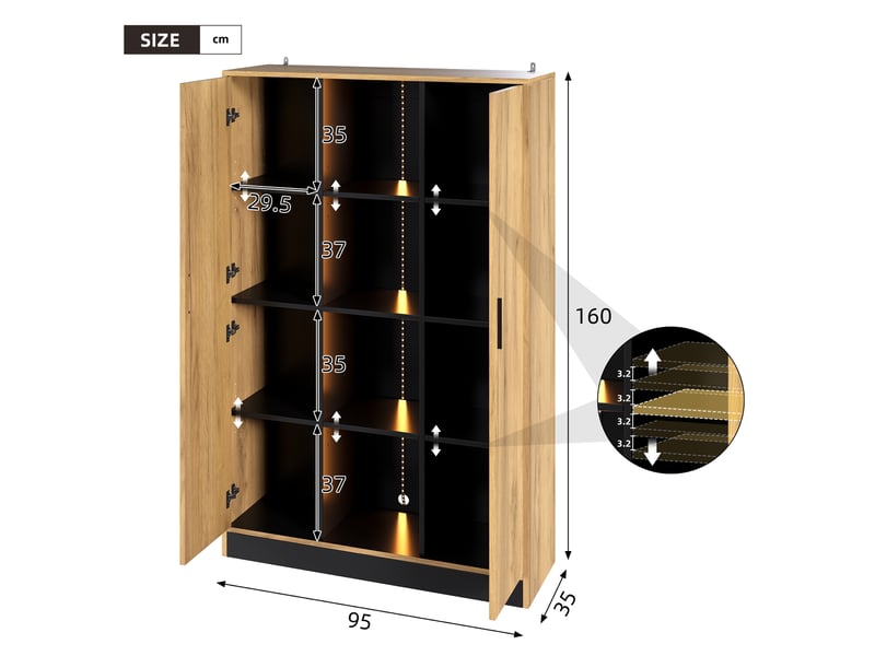  Vitrine haute de rangement 95 x 35 x 160 cm – chêne clair et noir – led réglable et portes soft-close  - Conforama C