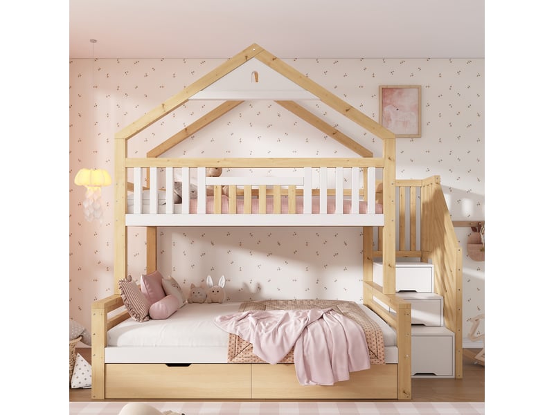  Lit superposé familial 90 x 200 140 x 200 cm en bois, toit cabane, escalier, 2 tiroirs, blanc et chêne, sans matelas  - Conforama E