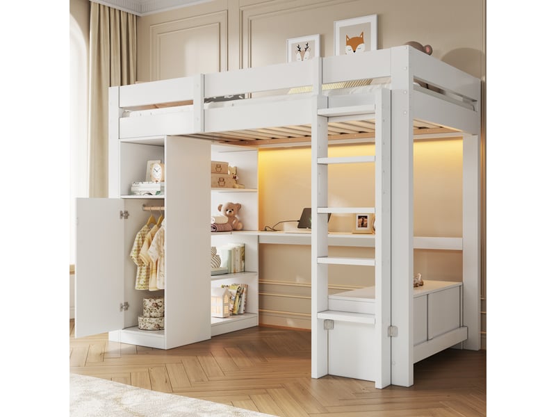 Lit mezzanine 90x200 avec armoire étagères bureau sous le lit éclairage led usb blanc  - Conforama D
