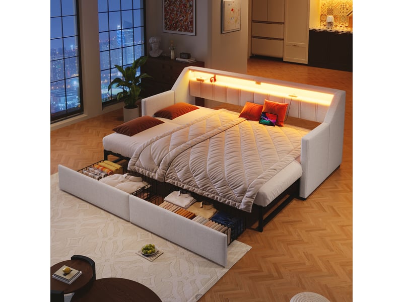  Lit en lin beige 90x200 cm  - Conforama D