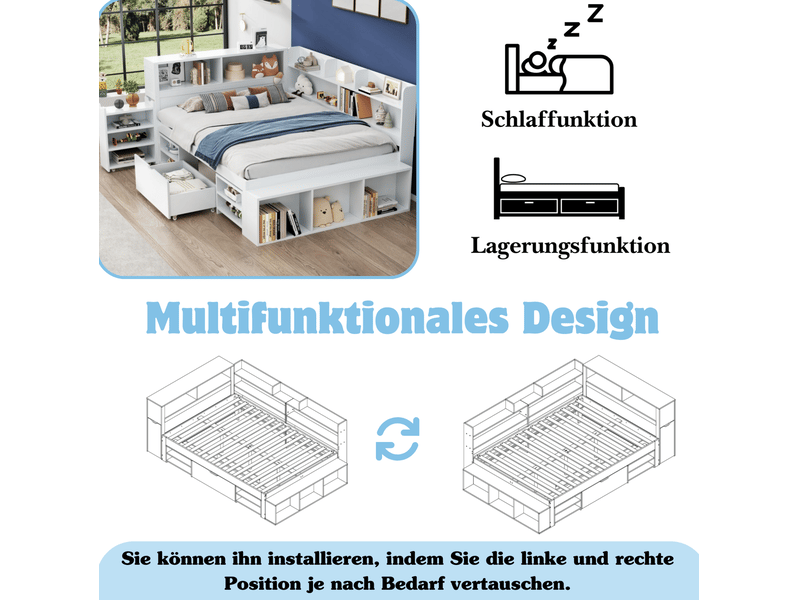  Lit enfant 140x200 cm multifonctionnel avec tiroirs, bibliothèque et armoire en bois blanc sans matelas  - Conforama D