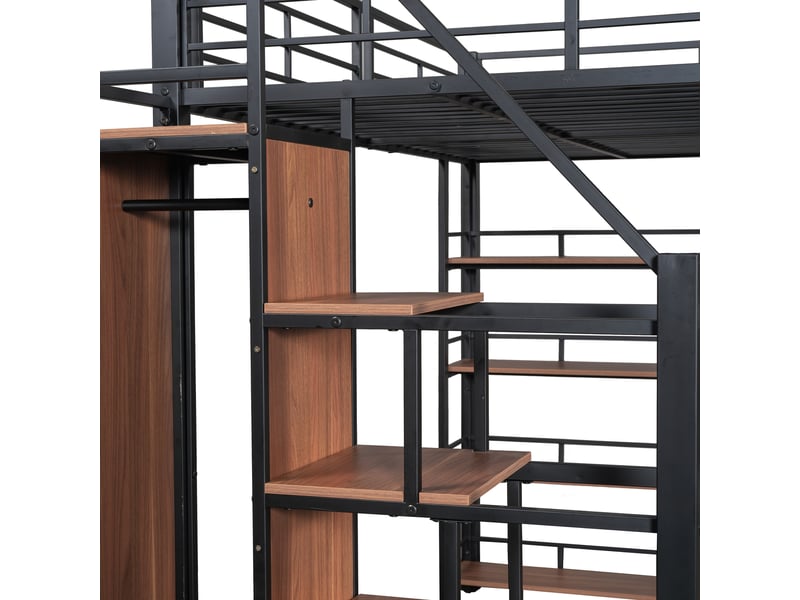  Lit mezzanine pour enfant 140x200 cm avec armoire, étagère, garde-corps, sommier, métal noir, sans matelas  - Conforama D