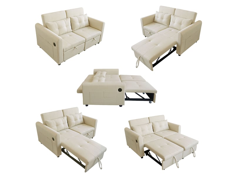 Canapé-lit 2 places 3-en-1, dossier réglable, USB, poches d’accoudoirs et coussins - Conforama D