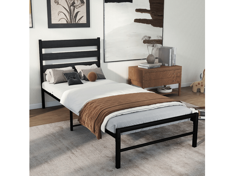  Lit simple 90x200 cm en métal noir avec tête de lit mdf, sommier à lattes, design moderne pour chambre  - Conforama B