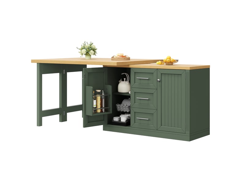 Ilot de cuisine multifonction 120x40x74 cm plateau extensible rotatif 360° mdf vert antique - Conforama A