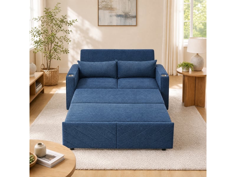 Canapé convertible 2 places 3 en 1 avec système coulissant et ports usb - structure en bois, tissu - bleu marine - Conforama C