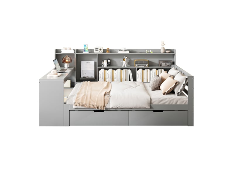  Lit enfant 140x200 cm, bureau intégré et 2 tiroirs, en bois, gris, sans matelas  - Conforama E