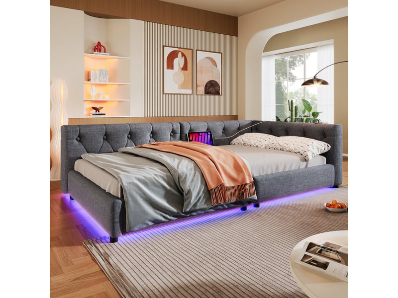  Canapé-lit 90 x 200 cm avec usb + type-c, lit simple avec led éclairage, lit adulte, lit 1 personne, gris, tête de lit capitonnée  - Conforama E