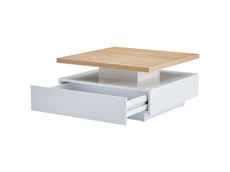  Table basse carrée pivotante 360° avec tiroir, table de salon blanc brillant et plateau noyer, 70x70x36 cm  - Conforama D
