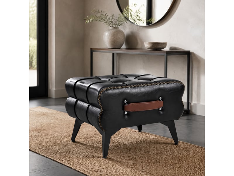  Pouf multifonction avec poignée et patins antidérapants, pieds en acier, simili cuir noir 43 × 33 × 30 cm  - Conforama D