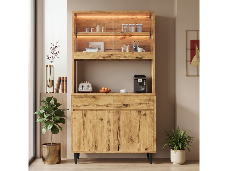  Buffet haut de cuisine 100x40x185 cm avec rangement multi-niveaux, prise intégrée, usb-c, usb-a et led couleur, panneaux de particules, naturel  - Conforama B