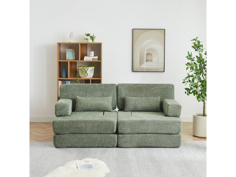  Lot de 2 canapés en chenille et fer, 4 modules pliables, dossiers hauts, avec attaches et fonction couchage  - Conforama B