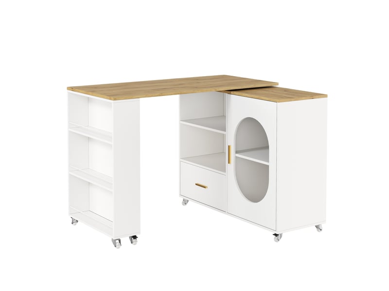  Îlot de cuisine mobile à plateau pivotant 360° 120-180x60x90 cm blanc naturel  - Conforama E
