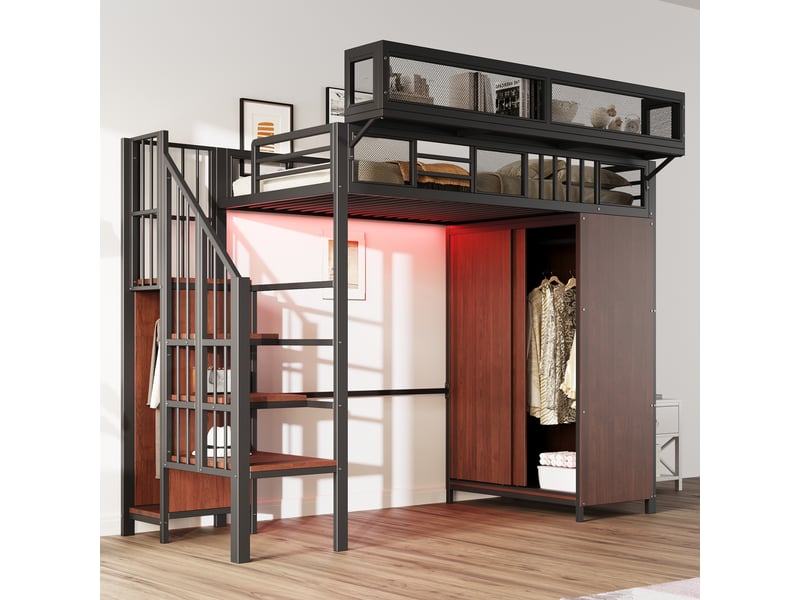  Lit mezzanine métal 90 x 200 cm noir avec armoire à portes coulissantes, led connectée, échelle rangement, garde-corps grille et étagères amovibles  - Conforama B