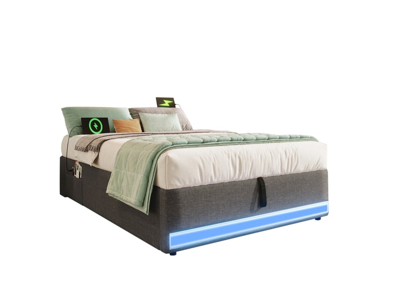  Lit 90 x 200 cm avec rangement hydraulique, led, usb et type-c gris  - Conforama A