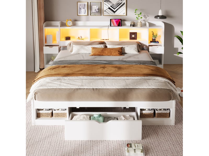  Lit plateforme 180x200 cm, tête et pied de lit avec rangements, led, port usb, mdf et contreplaqué, blanc sans matelas  - Conforama B