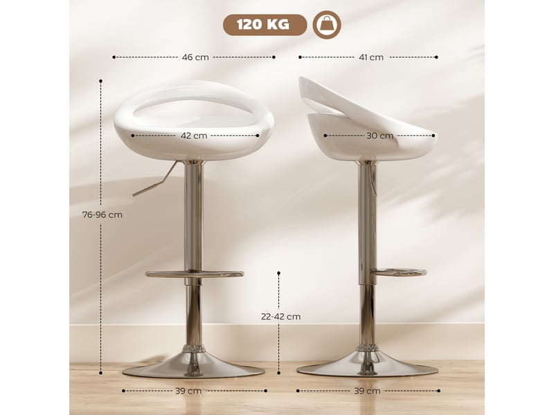  Lot de 2 tabourets de bar chaises de bar hauteur réglable dossier et repose-pieds pivotant à 360° 46x41x76-96cm blanc  - Conforama E
