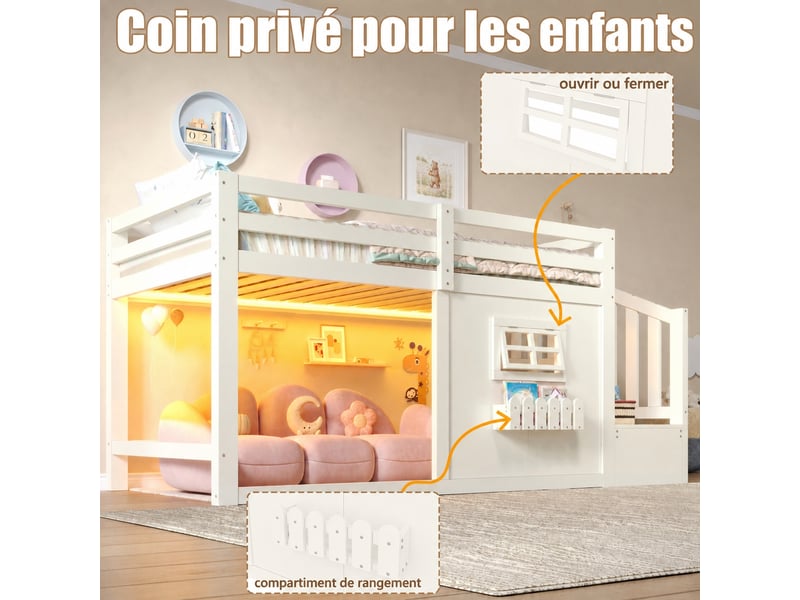  Lit mezzanine enfant 90x200 cm avec escalier de rangement, fenêtre et éclairage led, blanc, sans matelas  - Conforama E