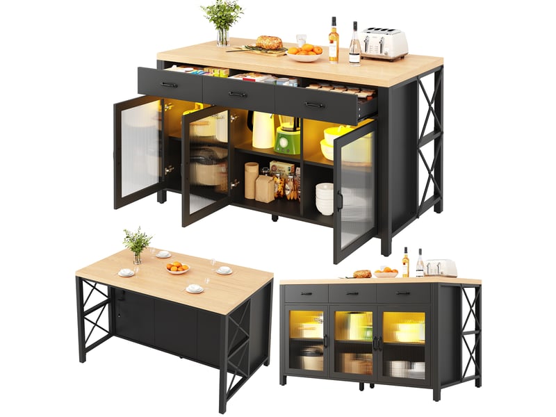  Îlot de cuisine noirnaturel 150 × 80 × 90cm, 3 tiroirs, portes vitrées, éclairage, pieds réglables, style industriel  - Conforama A