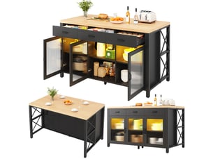 Îlot de cuisine noirnaturel 150 × 80 × 90cm, 3 tiroirs, portes vitrées, éclairage, pieds réglables, style industriel