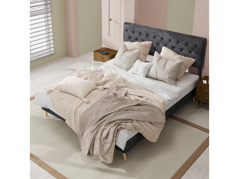  Lit adulte 140 x 200 cm, lit double, avec tête de lit moelleuse et sommier, velours gris, sans matelas  - Conforama W