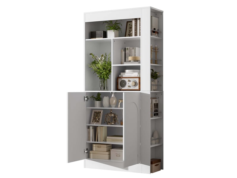  Meuble de rangement blanc 85x35x180cm - grand meuble de salon multifonctionnel avec étagères ouvertes, portes et niches latérales  - Conforama A