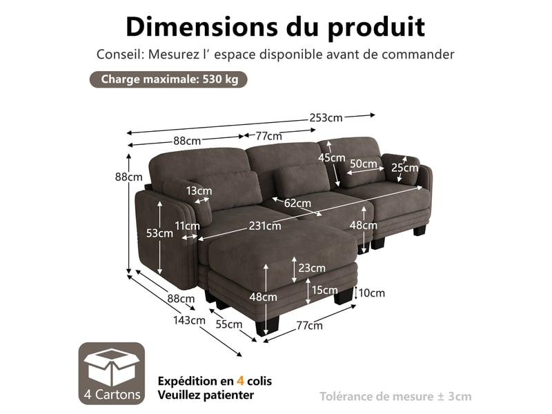  Canapé d’angle modulable tcqpz 3 places avec ottomane 253 x 143 x 88 cm chenille marron  - Conforama C