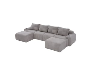 Canapé d'angle panoramique fixe <strong>MERAX</strong> <strong></strong> 4 places Velours côtelé gris clair