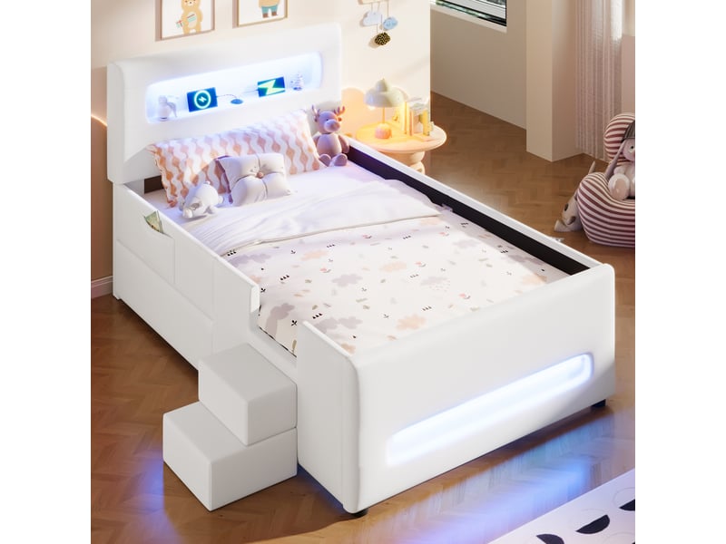  Lit simple rembourré 90x200 cm coloris blanc led pu lit enfant blanc - Conforama E