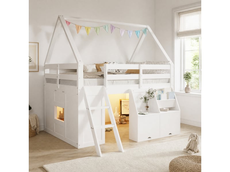  Lit mezzanine enfant 1 place 140×200 cm avec escalier, led et rangements - okmyhome- blanc, sans matelas  - Conforama C